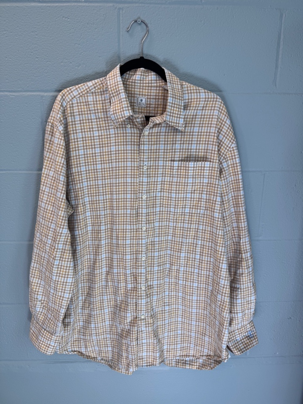 Peter Millar Beige and White Plaid Long-Sleeve Button-Down Shirt